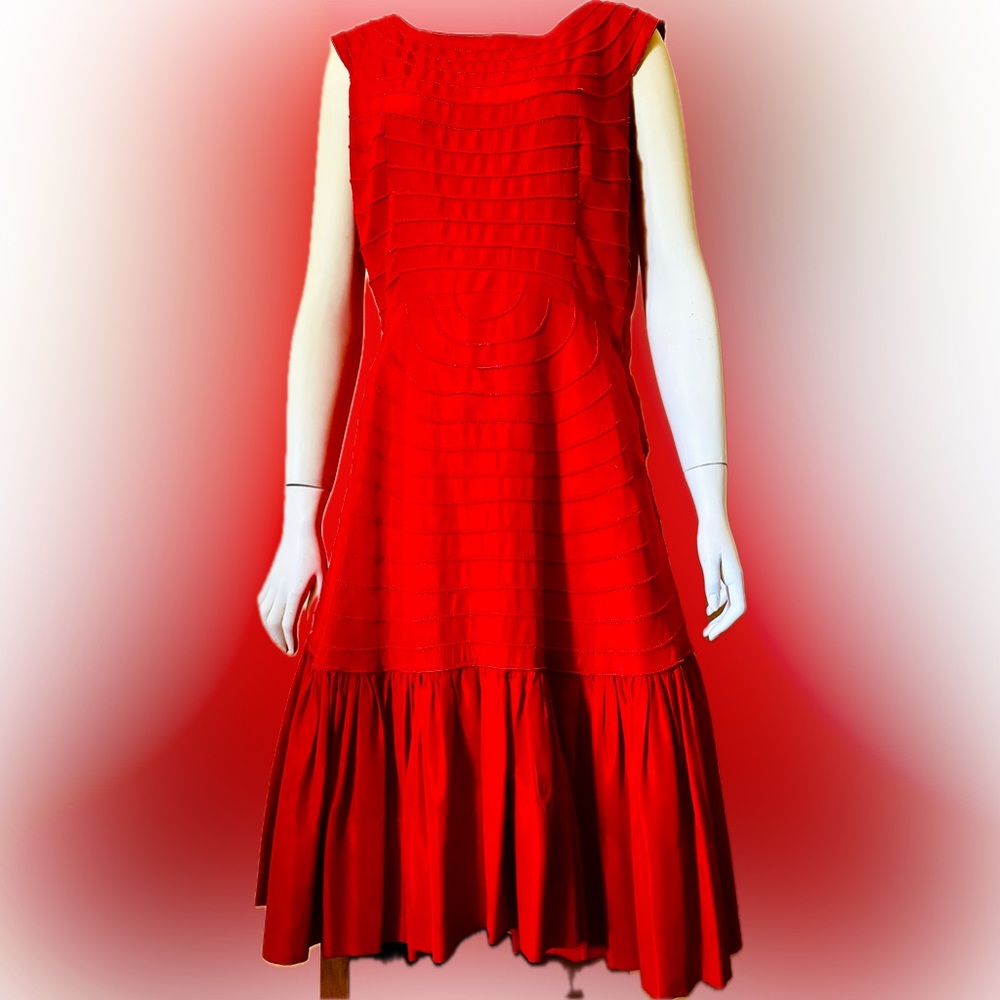 SPICY 1940/50s Red Satin Flamenco-ish drop-waist/ruffle Piping Detail Dress